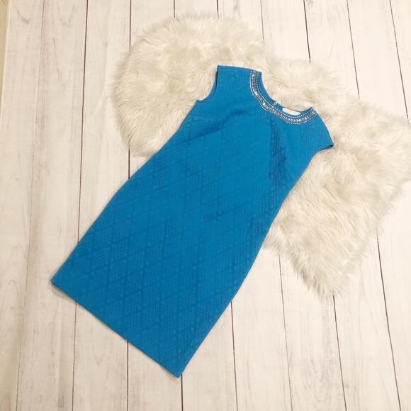 🆕 Donna Morgan Blue Embellished Maternity Crew‎ Neck Dress Size Small - Picture 2 of 5